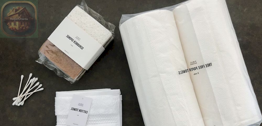 dos rollos de toallas de papel libres de árboles, toalla blanca de algodón, esponjas para fregar, hisopos